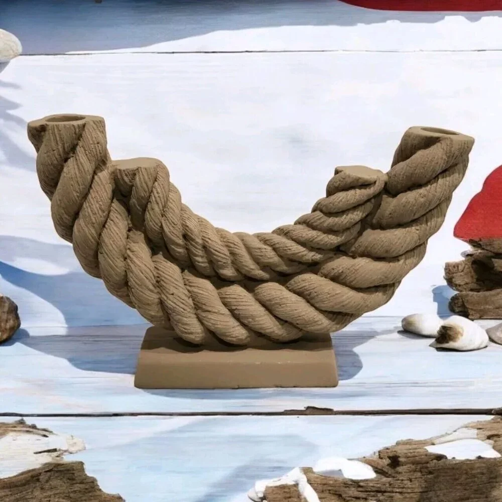 New Pottery Brown Ship Rope Nautical Sailor Candlesticks Candle Holder Decor
